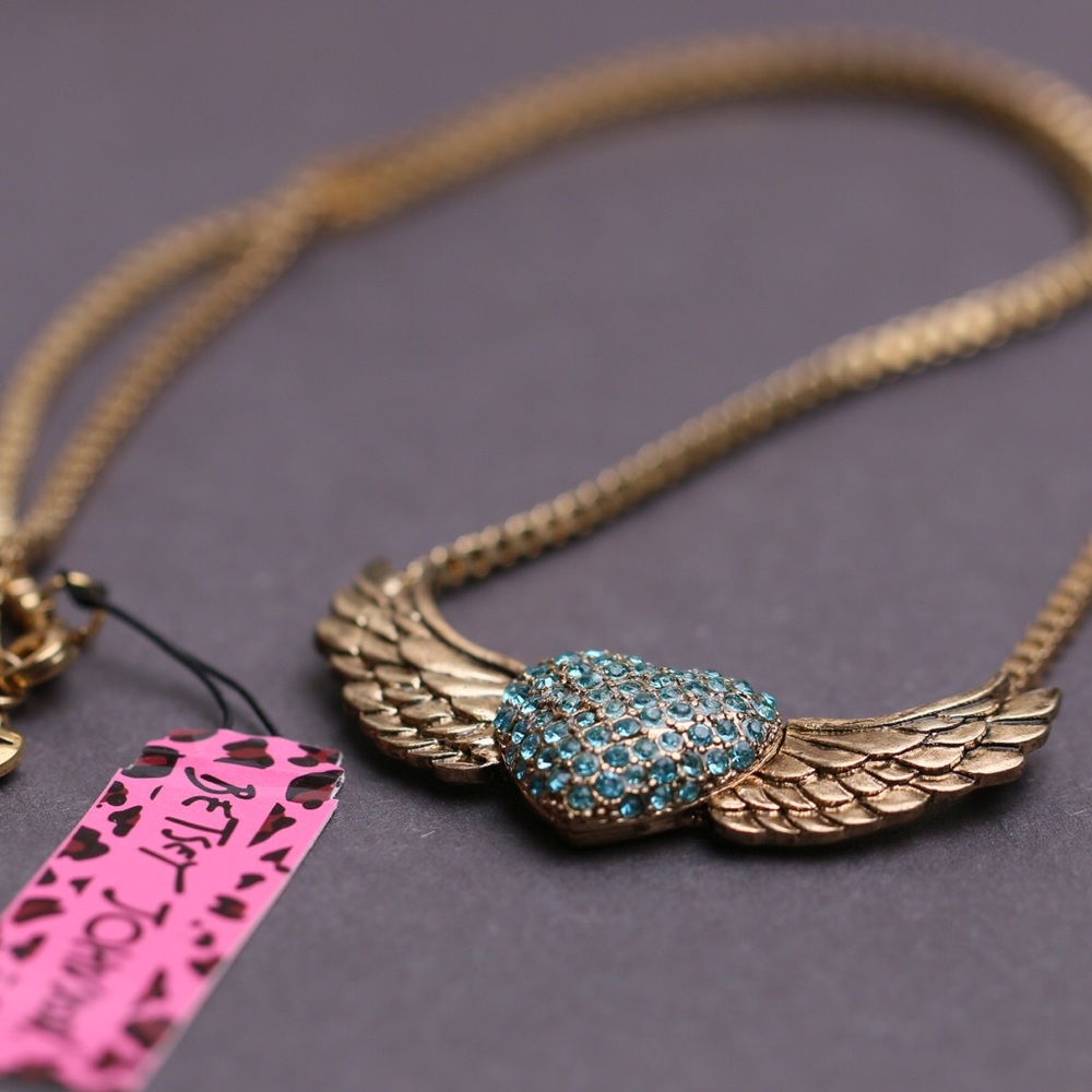 Betsey Johnson blue heart angel wing necklace